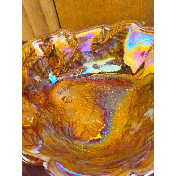 Vintage Carnival Glass Bowl With Embossed Leaf & Berry Design Amber Iridescent F - Picture 5 of 7
